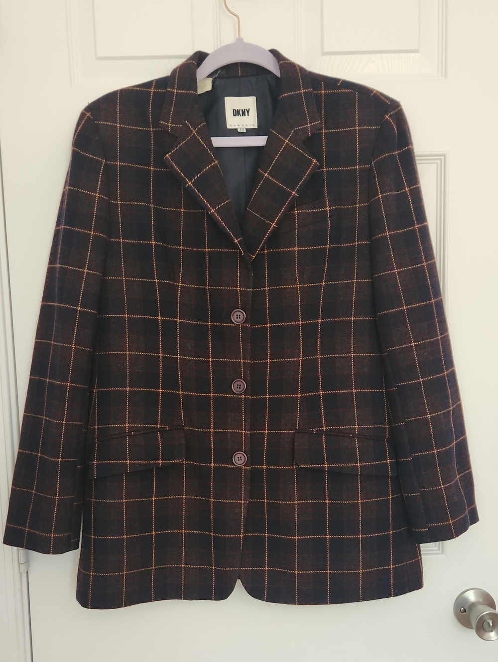 90s Vintage Preppy Dark Academia DKNY Navy Gray Blazer  Golden Windowpane Plaid